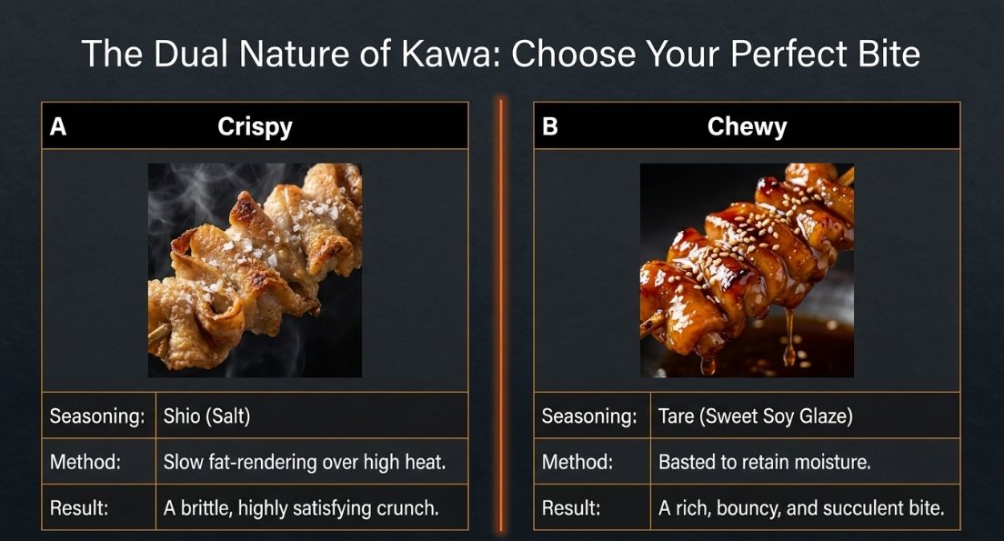 A side-by-side comparison of a crispy chicken skin skewer seasoned with salt (Shio) and a chewy skewer coated in sweet soy glaze (Tare).