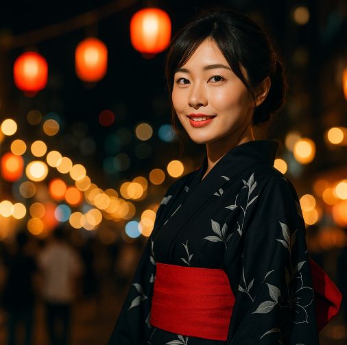 モダンな黒地の浴衣と赤帯の魅力