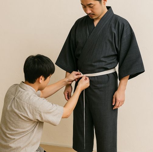 男性の浴衣裾上げと腰紐の調整法