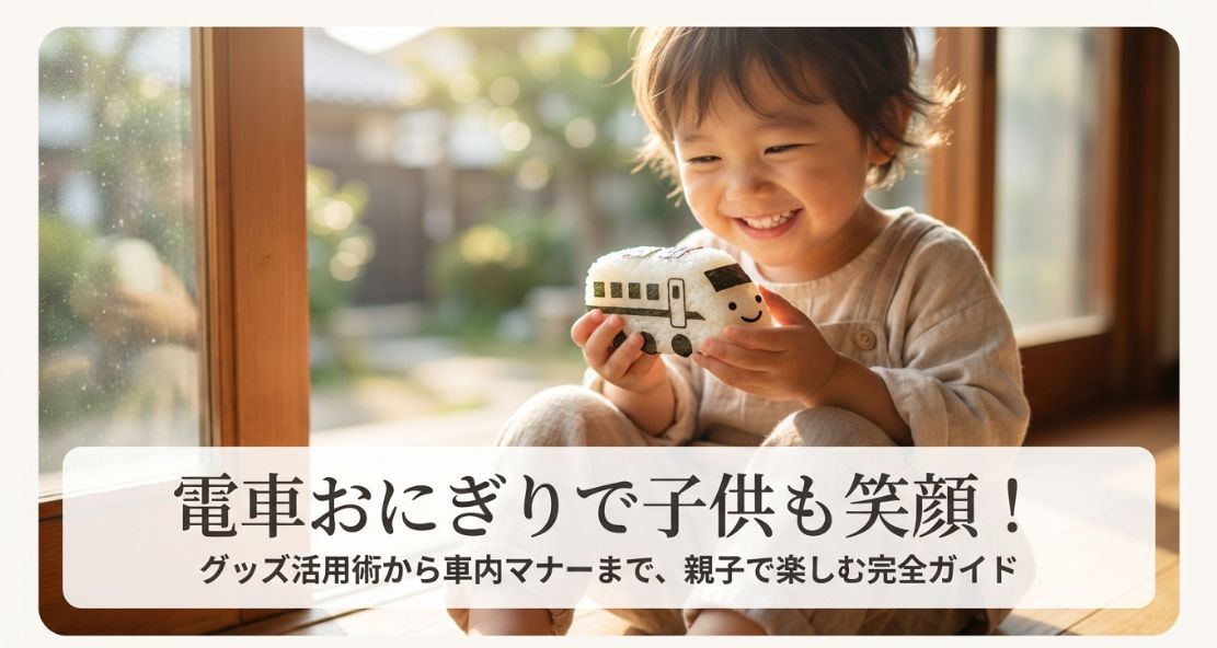 「電車おにぎりで子供も笑顔！」というタイトルと、おにぎりを想像して笑顔になる子供のイラストが描かれた表紙スライド。