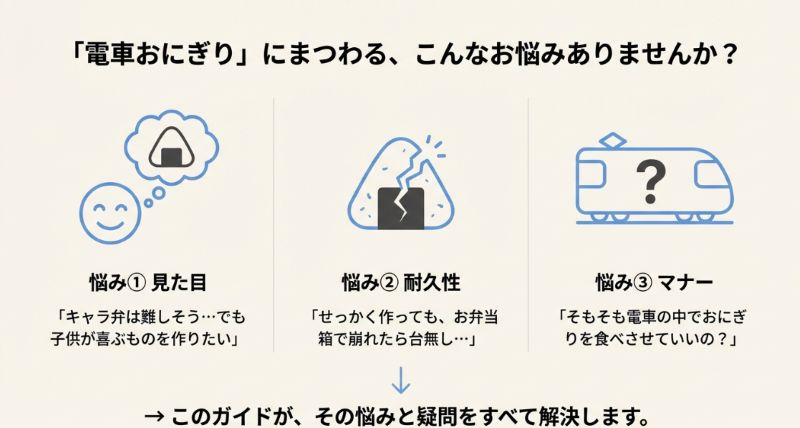 見た目の難しさ、崩れやすさ、車内マナーという、電車おにぎりにまつわる3つの代表的な悩みと疑問を描いたイラスト。