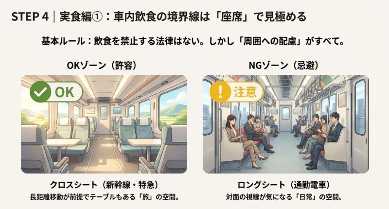 飲食が許容されやすいクロスシート（新幹線等）と、避けるべきロングシート（通勤電車）の違いをイラストで解説したスライド。