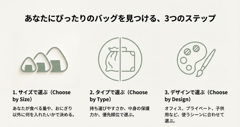 おにぎり保冷バッグの選び方を示すアイコン図。サイズ、タイプ、デザインの3ステップが示されている。