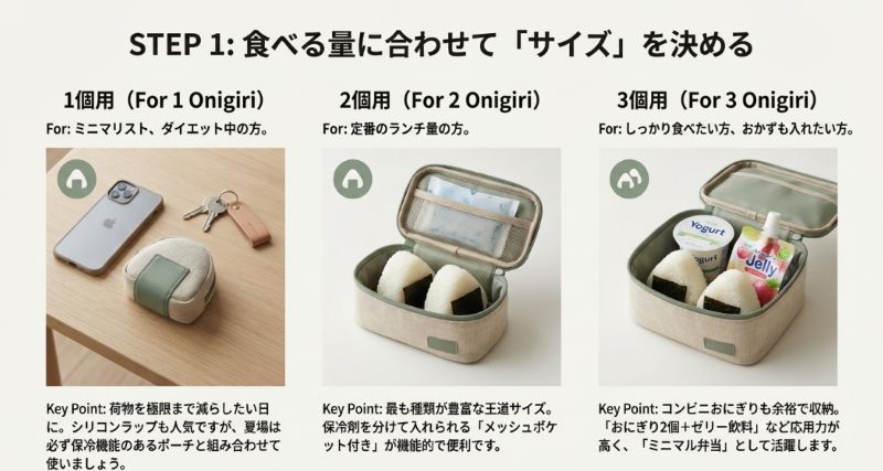 おにぎり1個用、2個用、3個用（ゼリー飲料とヨーグルト入り）の保冷バッグの使用イメージ写真。