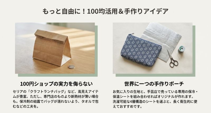 100円玉と並べられたクラフト紙袋風の保冷ランチバッグの写真。