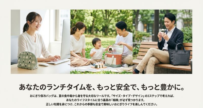 オフィス、ピクニック、ビジネスシーンでそれぞれおにぎり保冷バッグを使っている人々が写ったイメージ写真。
