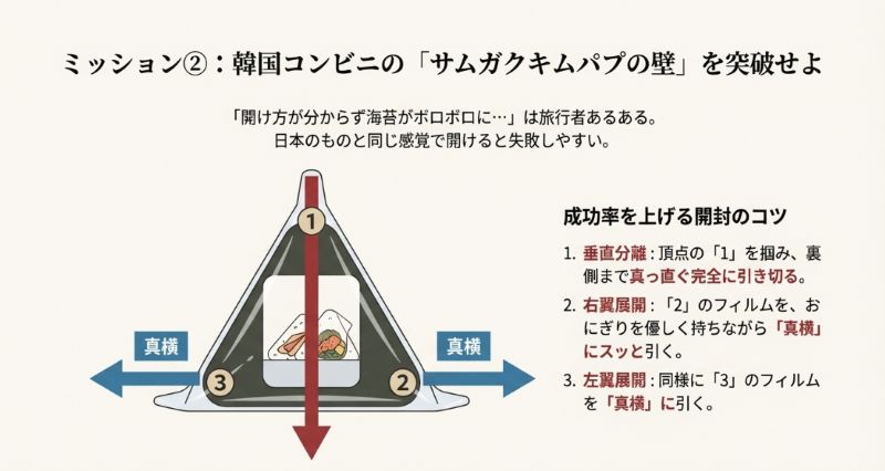 三角キンパのフィルムにある番号1、2、3をどのような方向で引けば海苔が破れずに開けられるかを図解したハウツー・スライド。