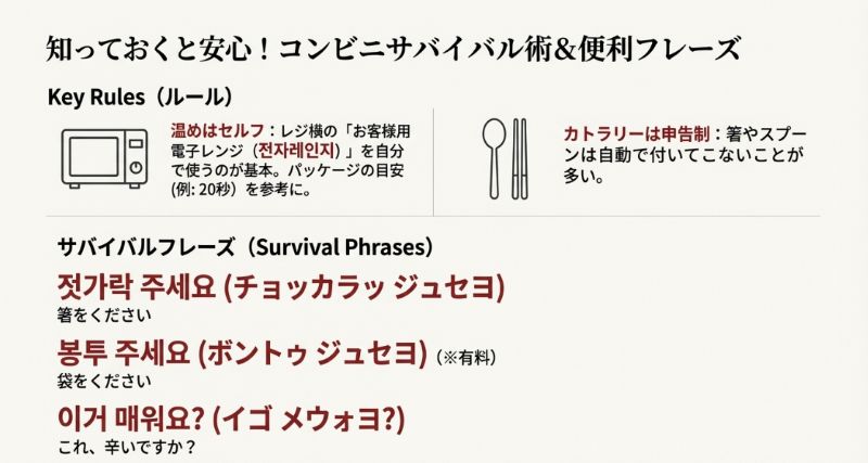 電子レンジがセルフであることや、箸や袋をもらうための韓国語フレーズ（チョッカラ ジュセヨなど）をまとめた実用的なスライド。