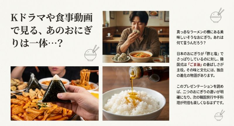 韓国ドラマの俳優が食事をしているシーンや、ラーメンと三角キンパ、ごま油のかかったご飯のイメージ画像。韓国の食文化への興味を惹きつけるビジュアル。