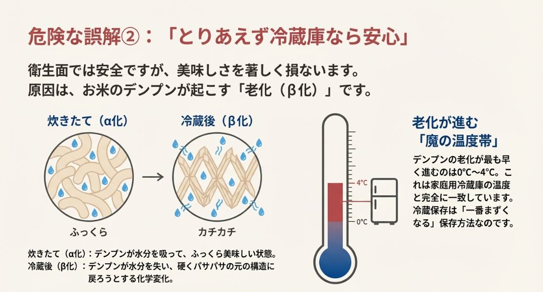 炊きたてのふっくらしたデンプン構造と、冷蔵（0度～4度）によって水分が抜けカチカチに老化する構造の比較イラスト。温度計の図。