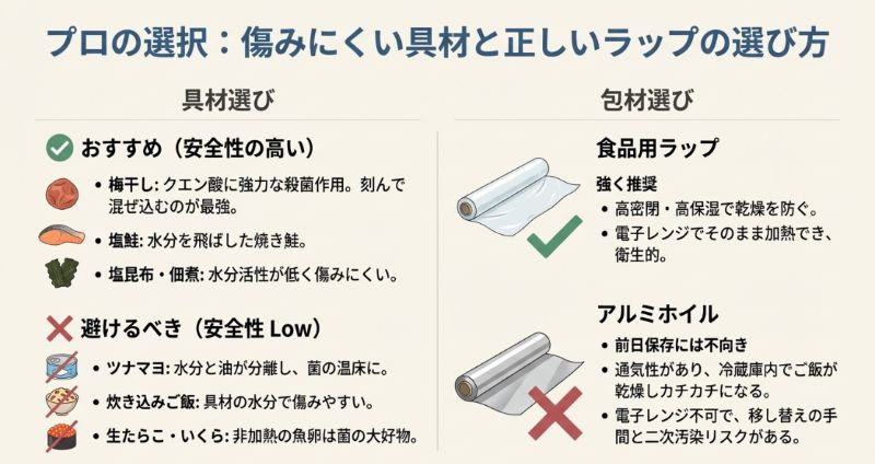 おすすめ具材（梅干し、塩鮭など）と避けるべき具材（ツナマヨ、生たらこなど）のリスト。アルミホイルではなくラップが推奨される理由。