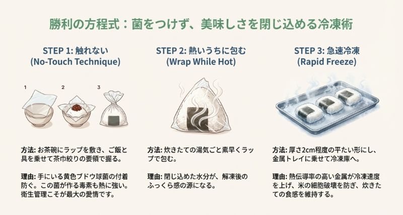 1.触れない（茶巾絞り）、2.熱いうちに包む、3.金属トレイで急速冷凍、という3つの手順を示したイラスト解説 。