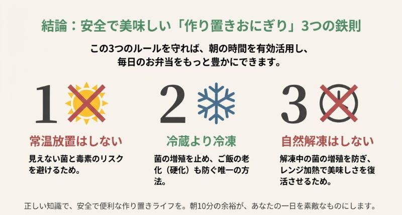 1.常温放置しない、2.冷蔵より冷凍、3.自然解凍しない、という3つの重要ルールを大きく示したまとめ画像 。