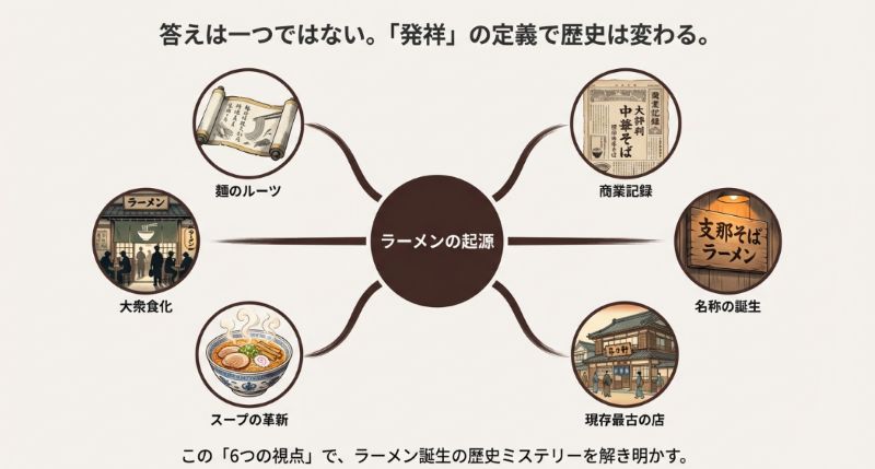 ラーメンの起源を示すマインドマップ。麺のルーツ、商業記録、大衆食化、スープの革新、現存最古の店、名称の誕生という6つの要素が描かれている。