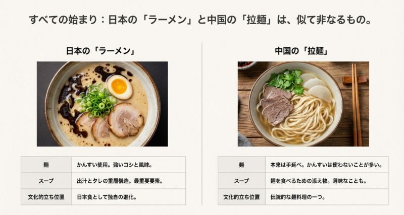 日本のラーメンと中国の拉麺における麺の製法、スープの役割、文化的立ち位置の違いを比較解説したスライド。