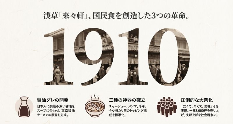 1910年創業の淺草來々軒が確立した、醤油ダレの開発、三種の神器（具材）、圧倒的な大衆化についての解説。