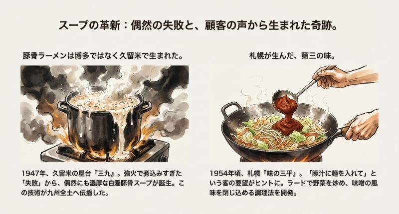 久留米での「煮込みすぎた失敗」による豚骨スープ誕生と、札幌での「豚汁への麺投入」による味噌ラーメン誕生の経緯を描いたイラスト。