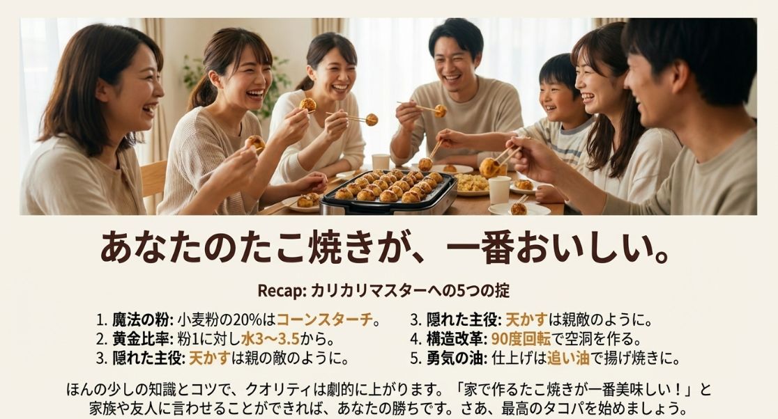 笑顔でたこ焼きを囲む家族の写真と、カリカリたこ焼きを作るための5つの重要ポイントの再掲。