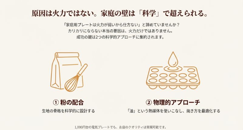 小麦粉、水、たこ焼きプレートのイラストとともに、粉の配合と物理的アプローチが重要であることを示す図解。