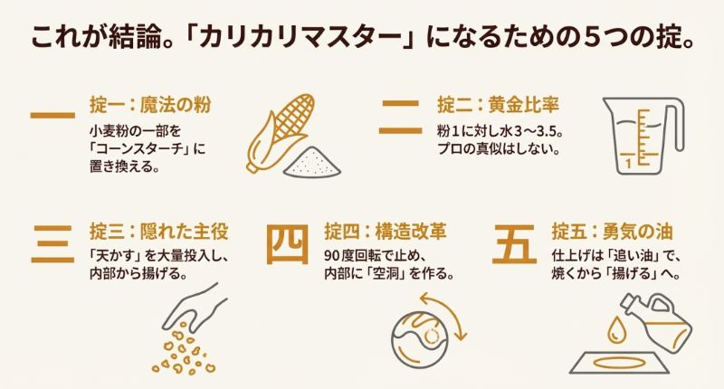 コーンスターチ、水、天かす、回転、油の5つの要素をアイコン化した、カリカリたこ焼き作りの重要ポイント一覧。