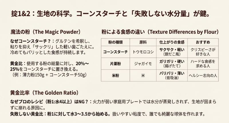 コーンスターチ、片栗粉、米粉の食感の違いを比較した表と、粉と水の推奨比率を解説したスライド。
