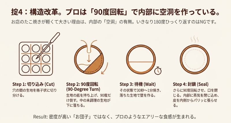 たこ焼きを90度だけ回転させて止め、内部に空洞を作り出す手順を示したステップごとの図解。