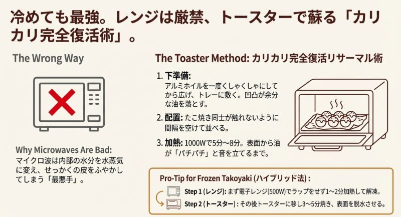 電子レンジにバツ印、トースターを使用した温め直し手順と、冷凍たこ焼きの解凍ステップを解説した図。