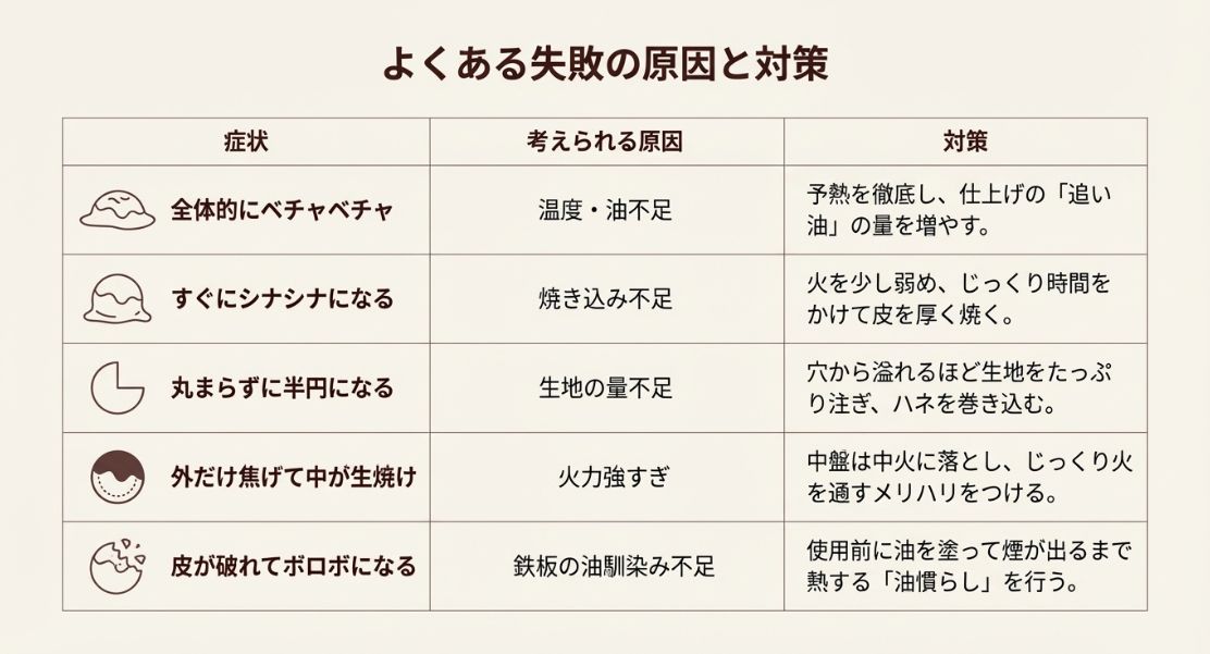 ベチャベチャになる、丸まらない、焦げるなどのよくある失敗例とその原因・対策をまとめた一覧表。