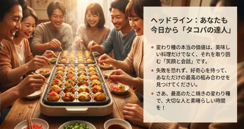 変わり種の価値は美味しい料理だけでなく、笑顔と会話にあるというまとめメッセージ。「タコパの達人」として楽しむためのアドバイス 。