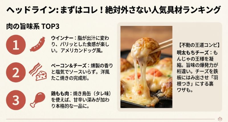 人気具材ランキング。1位ウインナー、2位ベーコン＆チーズ、3位鶏もも肉を紹介。不動の王道コンビとして明太もちチーズも掲載されている 。