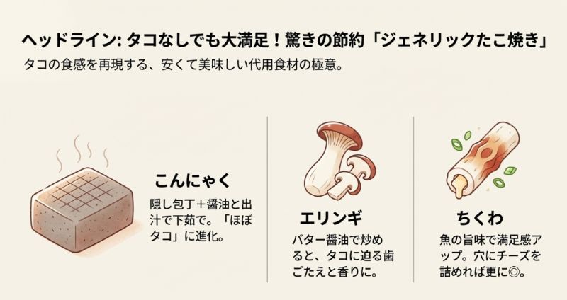 タコなしでも満足できる代用食材。下茹でしたこんにゃく、バター醤油炒めのエリンギ、ちくわなどがタコの食感を再現する極意として紹介されている 。