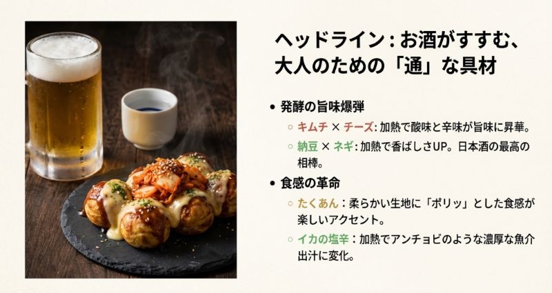 お酒に合う発酵食品系の具材。キムチ×チーズ、納豆×ネギ、たくあん、イカの塩辛など、旨味と食感を楽しむ組み合わせの紹介 。