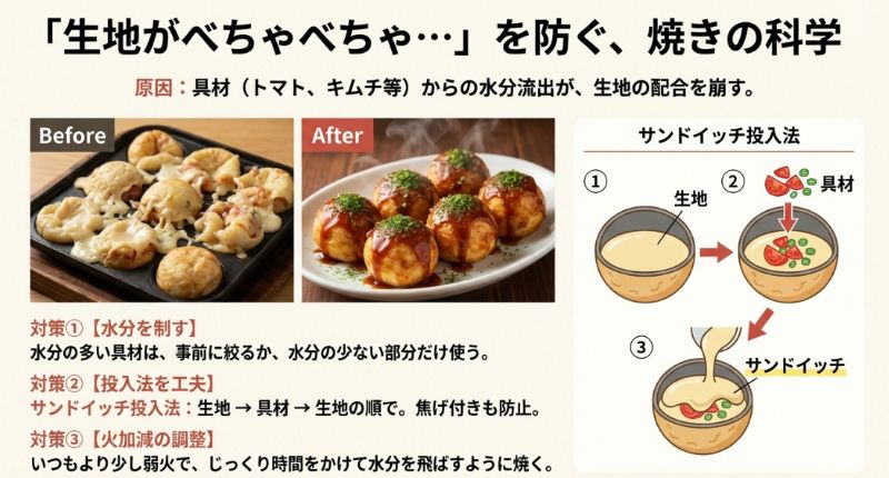 生地がべちゃべちゃになるのを防ぐ焼き方の科学。水分の多い具材の処理や、生地で具材を挟む「サンドイッチ投入法」の手順図解 。