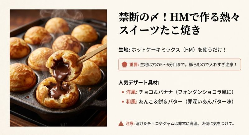 ホットケーキミックスを使ったスイーツたこ焼き。チョコ＆バナナやあんこ＆餅バターなどの具材紹介と、生地を入れすぎないための注意点 。