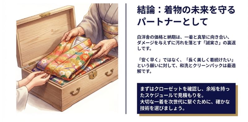 着物の未来を守るパートナーとして、確かな技術を選ぶことを推奨する、まとめのスライド画像
