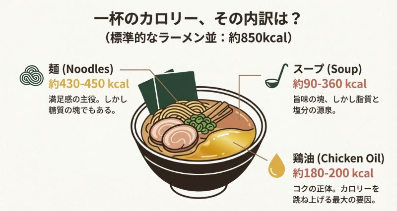標準的な家系ラーメン並（約850kcal）の内訳として、麺（約430-450kcal）、スープ（約90-360kcal）、鶏油（約180-200kcal）の数値を解説したスライド。