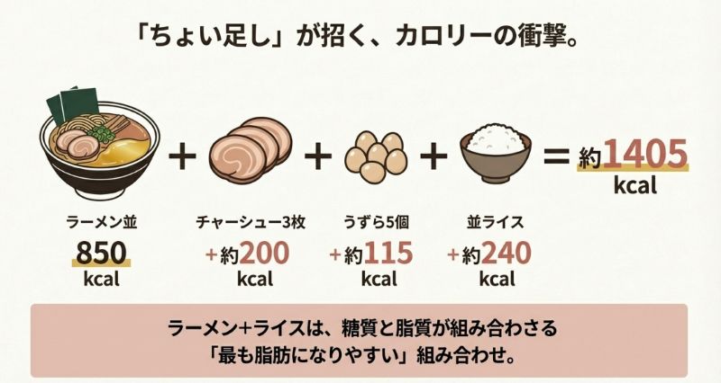 ラーメン並にチャーシュー3枚、うずら5個、並ライスを追加した場合、合計で約1405kcalに達することを示し、ラーメンとライスの組み合わせが最も脂肪になりやすいことを警告するスライド。
