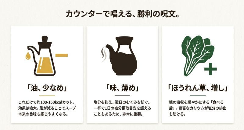 「油少なめ」で約100-150kcalカット、「味薄め」でむくみ防止、「ほうれん草増し」で糖の吸収を抑制するという、注文時のカスタマイズ効果を解説したスライド。