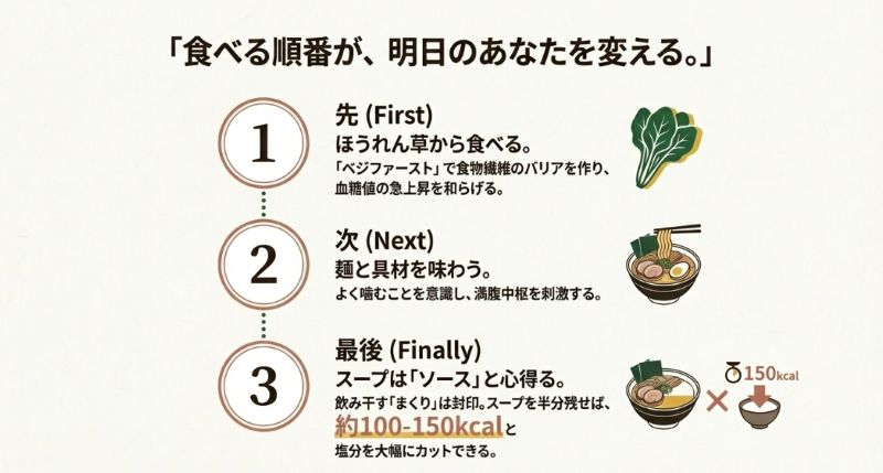 1.ほうれん草（ベジファースト）、2.麺と具材、3.スープ（半分残す）という、血糖値の急上昇を抑え、摂取カロリーを減らすための具体的な手順を示したスライド。