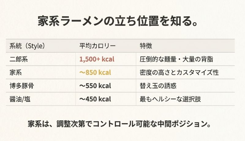 二郎系（1500kcal〜）、家系（~850kcal）、博多豚骨（~550kcal）、醤油/塩（~450kcal）の平均カロリーと特徴を比較し、家系は調整次第でコントロール可能なポジションであることを示すスライド。