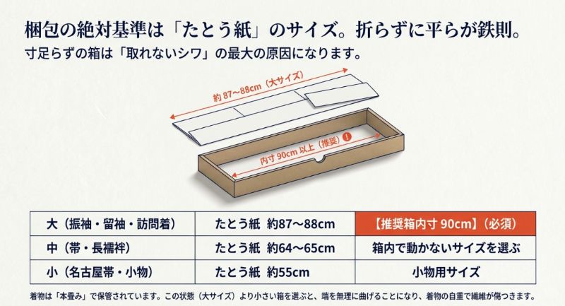 大サイズのたとう紙（約87〜88cm）に対し、折らずに収納できる内寸90cm以上の箱を推奨するサイズ比較の図解。