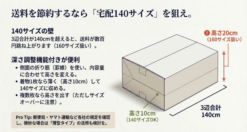 ダンボールの深さを10cmにすると140サイズ、20cmに広げると160サイズ扱いになることを示す、送料節約のための比較図。
