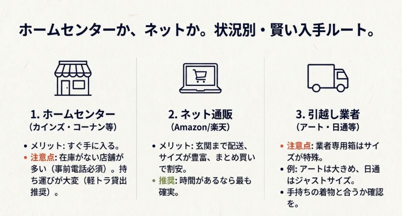 実店舗（カインズ・コーナン等）とネット通販（Amazon・楽天等）のメリットと注意点を比較するガイドアイコン。