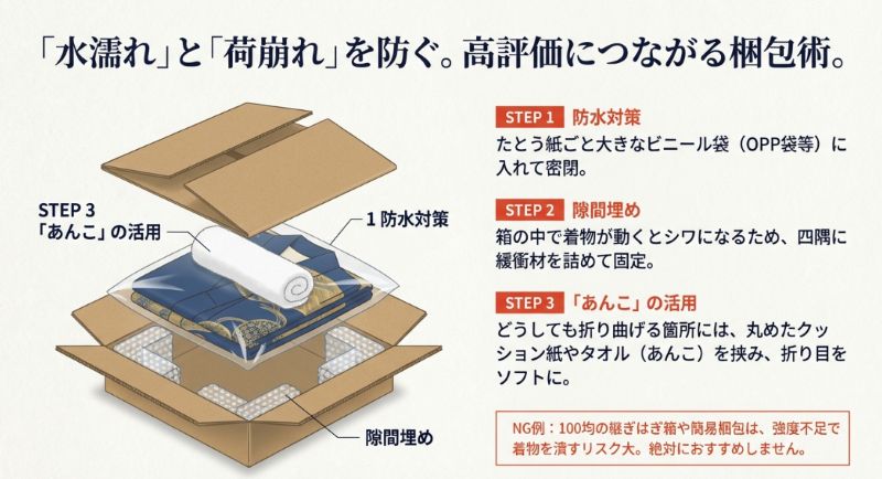 ビニール袋での防水、緩衝材での隙間埋め、折り目への「あんこ（タオル等）」挿入を説明した着物の梱包手順イラスト。