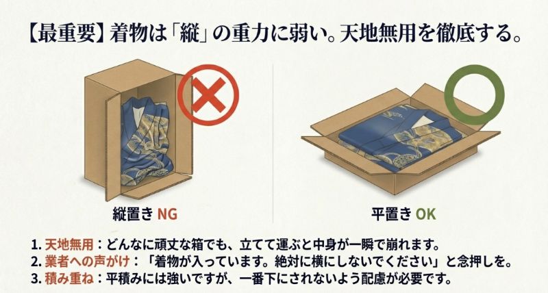 着物を立てて運ぶと中身が崩れるためNG、平らに寝かせるのがOKであることを示す、配送時の天地無用を説明する図。