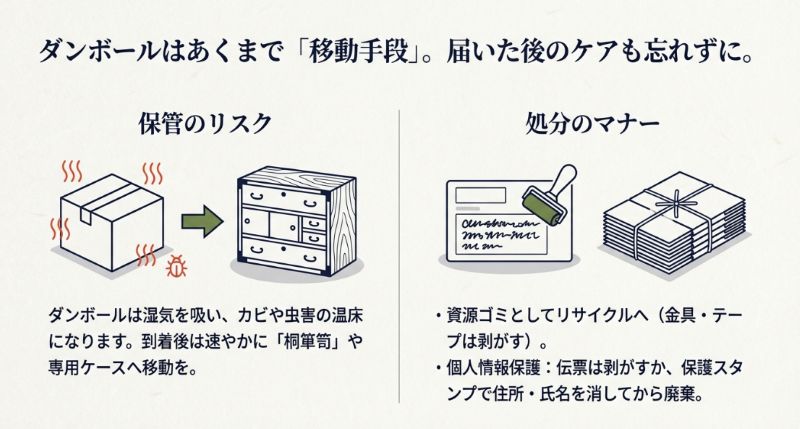 ダンボール保管による湿気・カビのリスクと、廃棄時に個人情報を消して紐で縛るマナーをまとめた図解。