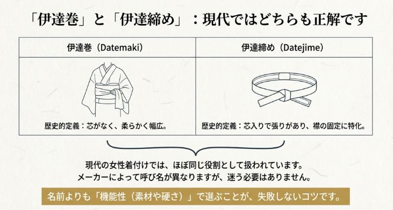 伊達巻（芯なし）と伊達締め（芯入り）の歴史的違いを表で示し、現代ではほぼ同じ役割であることを解説する図解。