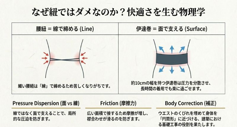 腰紐（線で締める）と伊達巻（面で支える）の比較図。面積を広くすることで圧力を分散し、摩擦を増やす仕組みを解説。
