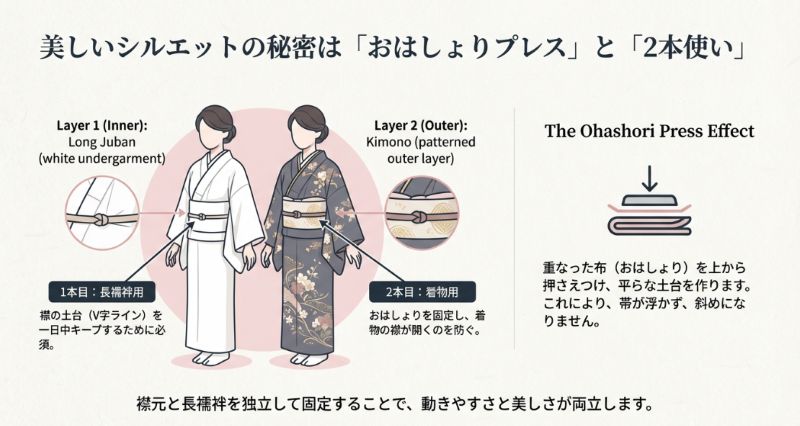 長襦袢用（襟の土台キープ）と着物用（おはしょり固定）の2本の伊達巻を使用する位置と役割を解説したイラスト。