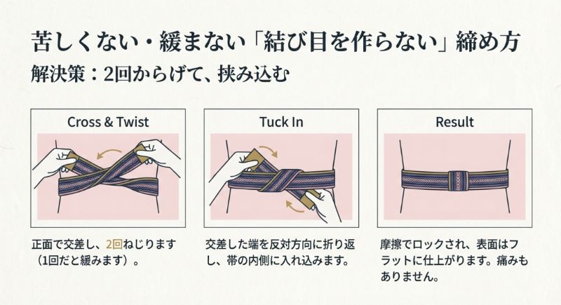 結び目を作らない「交差してねじる（Cross & Twist）」「内側に入れ込む（Tuck In）」の手順を段階的に示したイラスト。